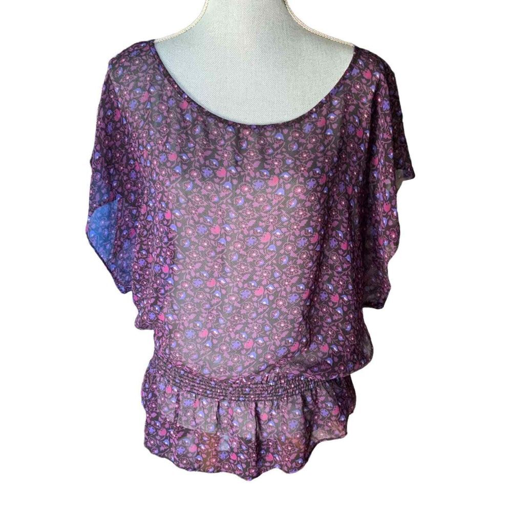 American Eagle Womens Small Purple Floral Sheer Smocked Peplum Dolman Blouse Y2K